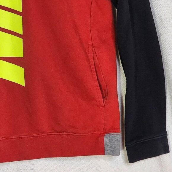 Nike Red Black LS Neon Yellow Logo Hooded Pull On Pocketed Cotton Poly Hoodie L - Picture 4 of 16